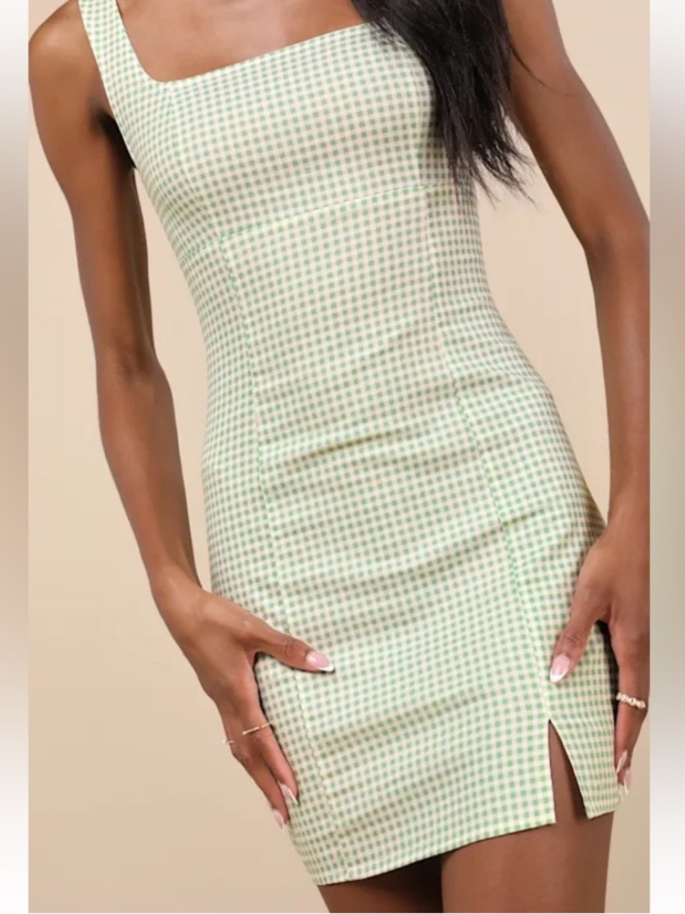 Lulus Happy Chance Sage Green Gingham Square Neck Mini Dress - Size S